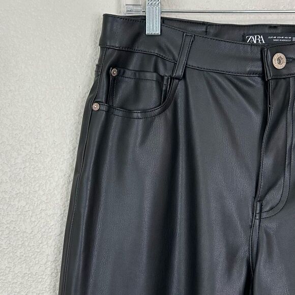 Zara Black Faux Leather Straight Leg High Rise Pants, Size 8 - Picture 4 of 13